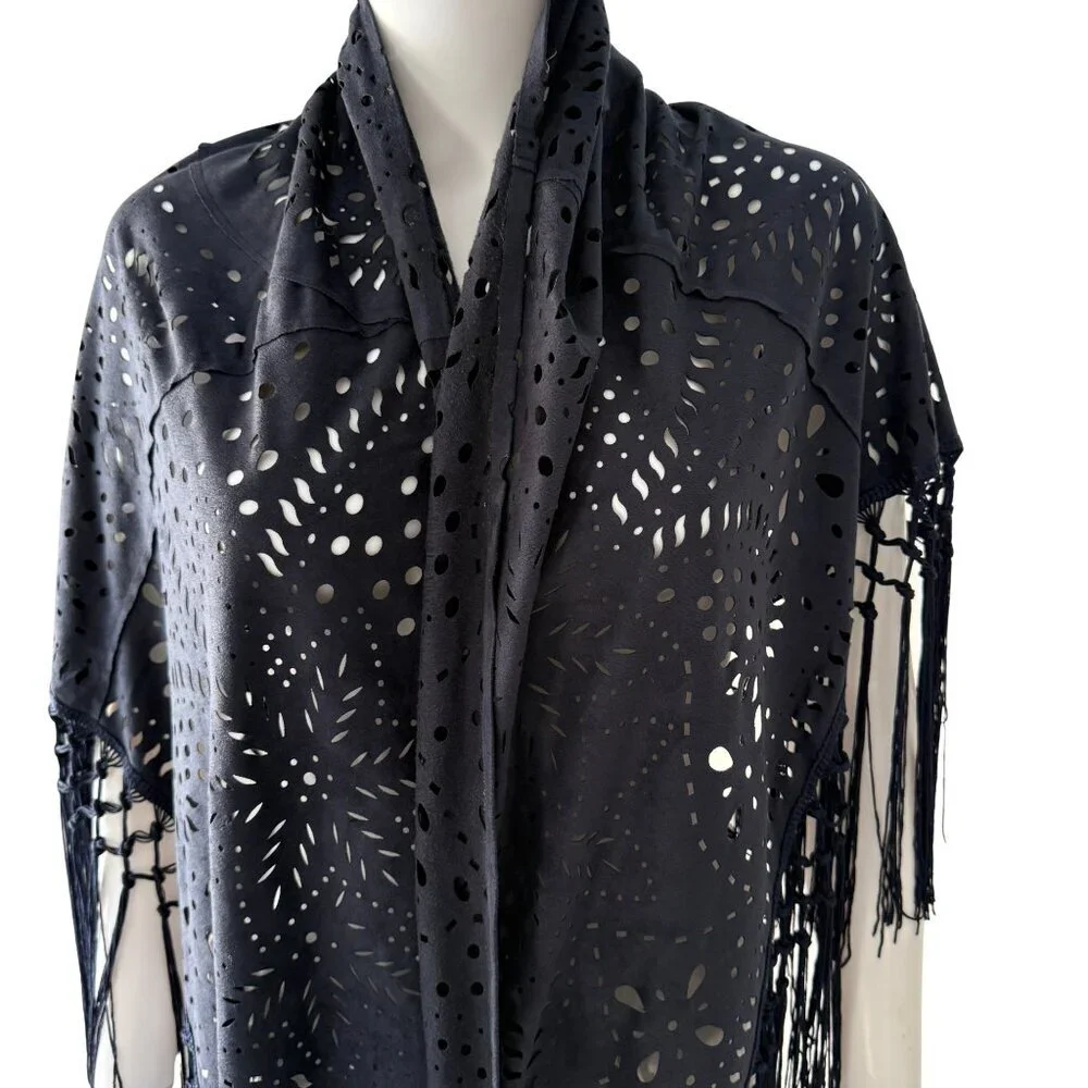 Muche et Muchette Navy Laser Cut Fringe Faux Suede Shawl NWT